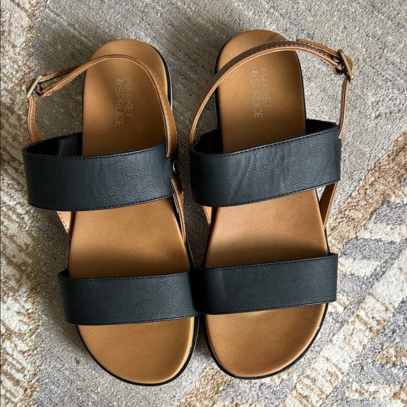 Market & Spruce Shoes - Market & Spruce Black and Tan Double-Strap Comfort Sandals Size 7.5